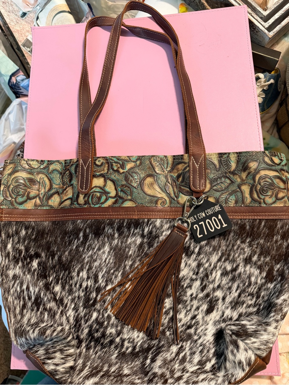Brown & Turquoise Embossed Leather Weekender Tote
